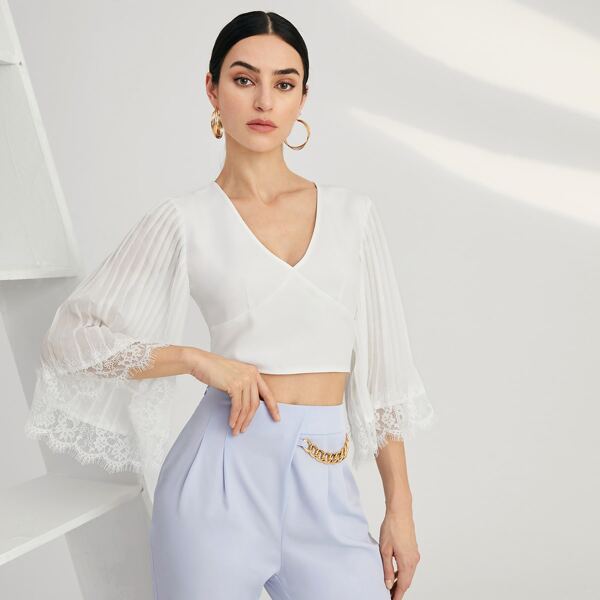 

Lace Panel Pleated Sleeve Blouse, White