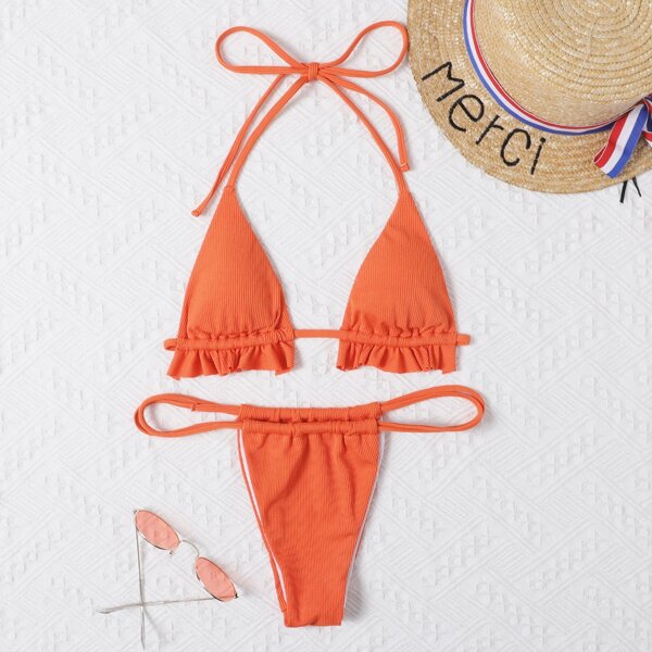 

Frill Ruched Halter Bikini Swimsuit, Orange