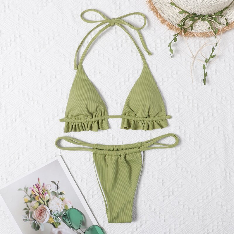 

Frill Ruched Halter Bikini Swimsuit, Army green