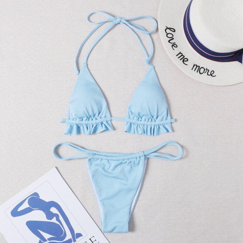 

Frill Ruched Halter Bikini Swimsuit, Baby blue