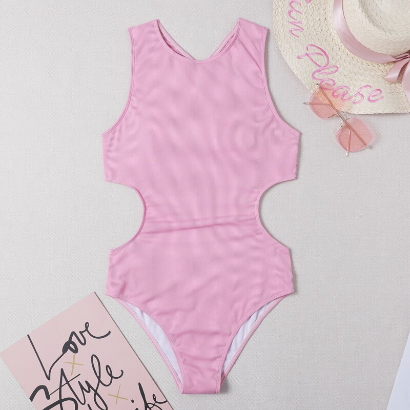 

Solid Cut Out One Piece Swimsuit, Baby pink