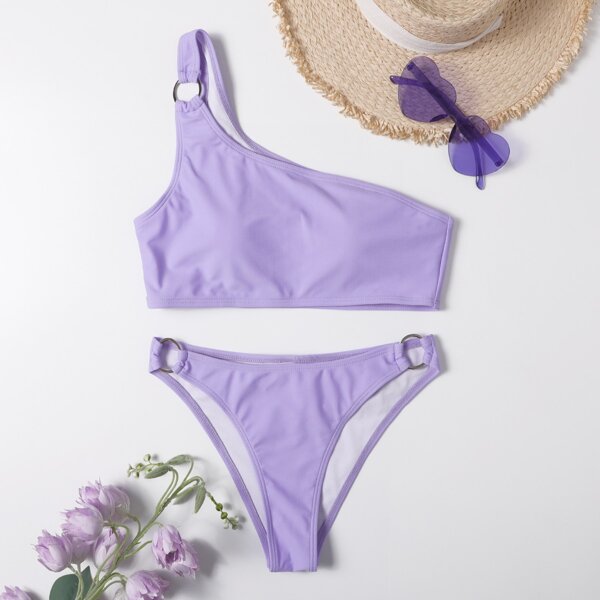 

Ring Linked One Shoulder Bikini Swimsuit, Mauve purple