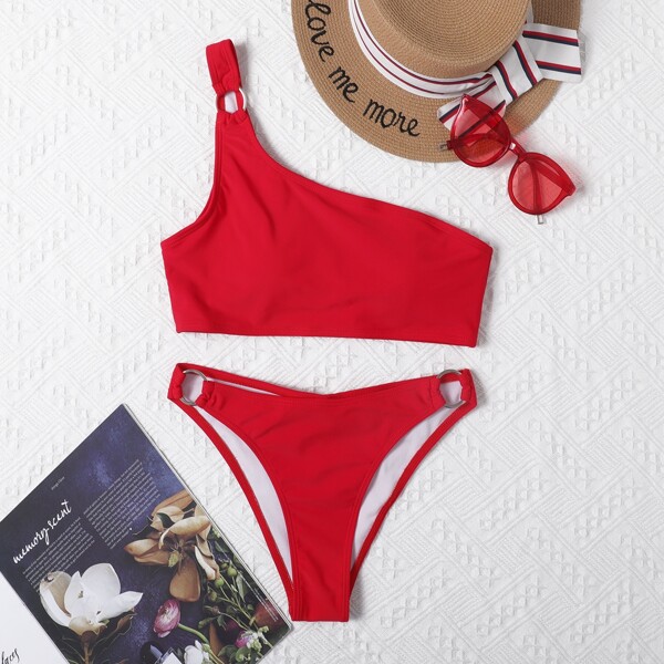 

Ring Linked One Shoulder Bikini Swimsuit, Red