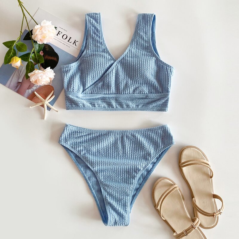 

Ribbed V Neck High Waist Bikini Swimsuit, Dusty blue
