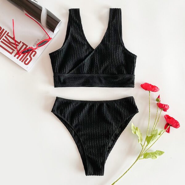 

Ribbed V Neck High Waist Bikini Swimsuit, Black