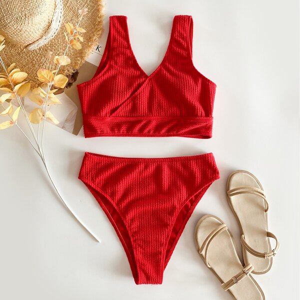 

Ribbed V Neck High Waist Bikini Swimsuit, Red