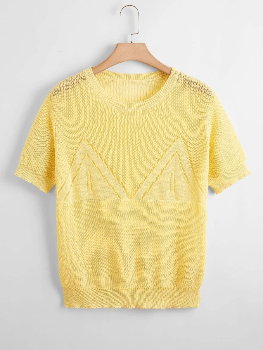 Plus Solid Pointelle Knit Crew Neck Knit Top - Yellow - View 1