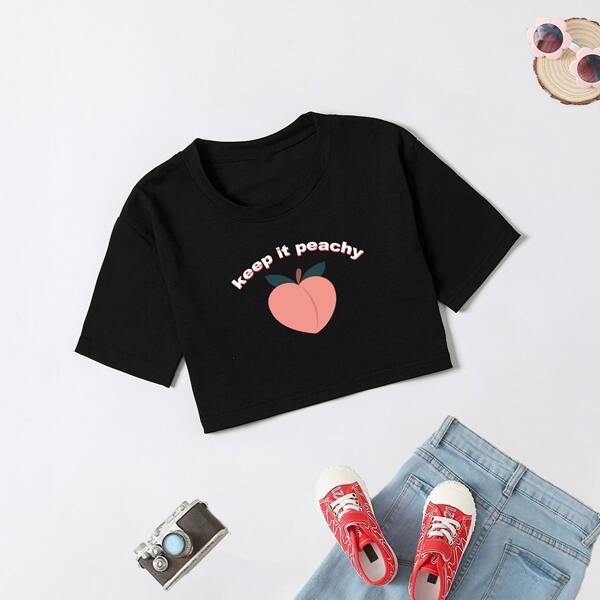 

Girls Slogan Graphic Crop Tee, Black