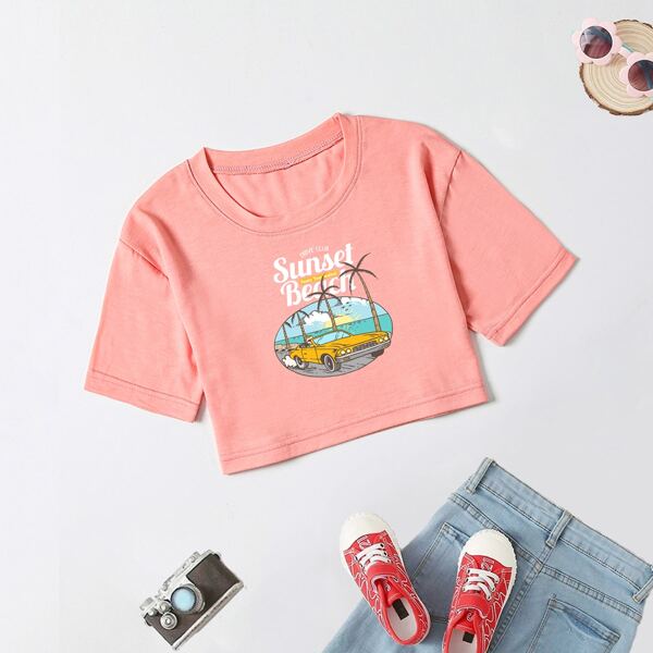 

Girls Letter & Tropical Print Crop Tee, Coral pink