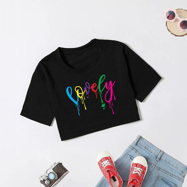 

Girls Letter Graphic Crop Tee, Black