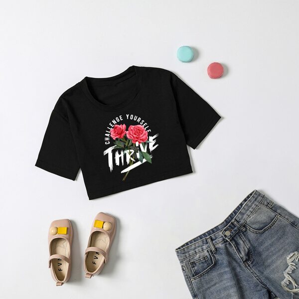 

Girls Slogan And Floral Print Tee, Black