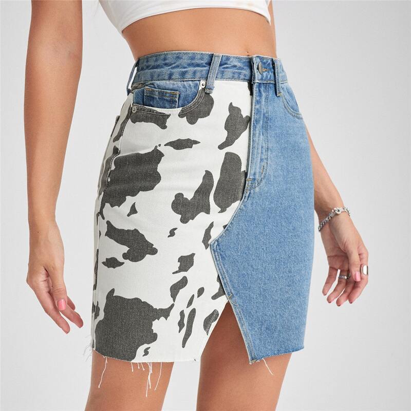 

High Waist Cow & Colorblock Print Slit Raw Hem Denim Skirt, Multicolor
