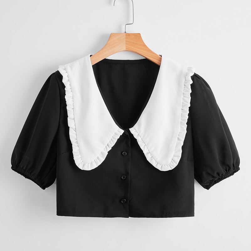 

Statement Collar Button Front Blouse, Black and white