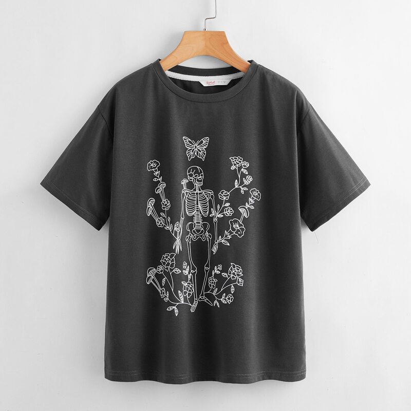 

Floral & Skull Graphic Tee, Dark grey