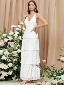 SHEIN Belle 多層下擺吊帶洋裝 - 白色 - 查看 3