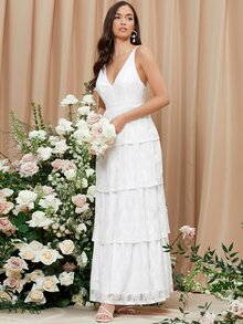 SHEIN Belle 多層下擺吊帶洋裝 - 白色 - 查看 6