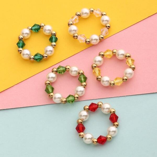 

5pcs Girls Beaded Ring, Multicolor