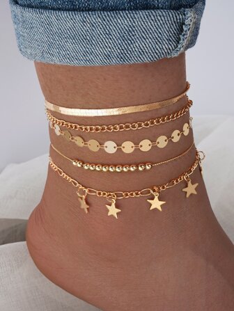 5 قطع / مجموعة سلسلة معدنية ذهبية مع خرز اللؤلؤ و قلادات بشكل نجمة، أساور للكاحل