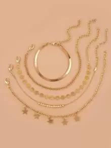 5件套金色金属链珍珠吊坠星形脚链