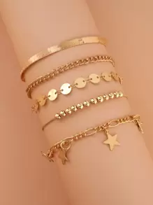 5件套金色金属链珍珠吊坠星形脚链