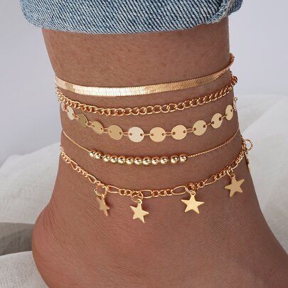 5件套金色金属链珍珠吊坠星形脚链