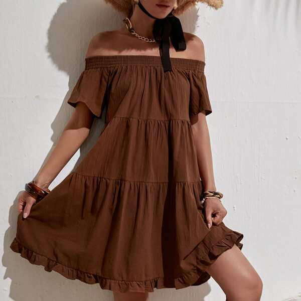 

Off The Shoulder Ruffle Hem Smock Dress, Coffee brown