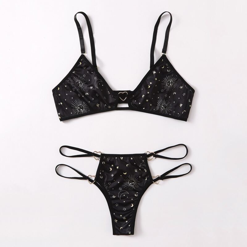 

Sun & Moon & Star Print Lingerie Set, Black