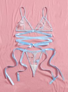 Butterfly Applique Mesh Lingerie Set - Baby Blue - View 1