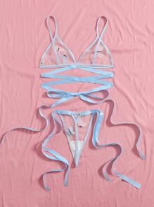 Butterfly Applique Mesh Lingerie Set - Baby Blue - View 2