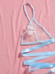 Butterfly Applique Mesh Lingerie Set - Baby Blue - View 4