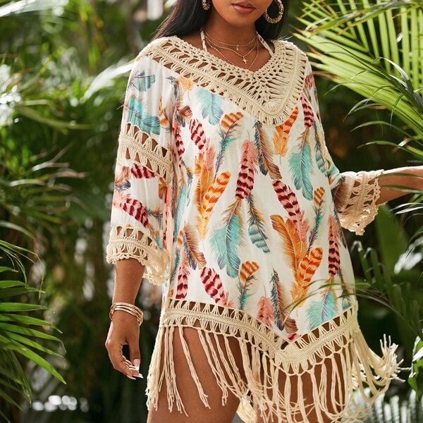 

Plus Feather Print Contrast Crochet Cover Up, Multicolor