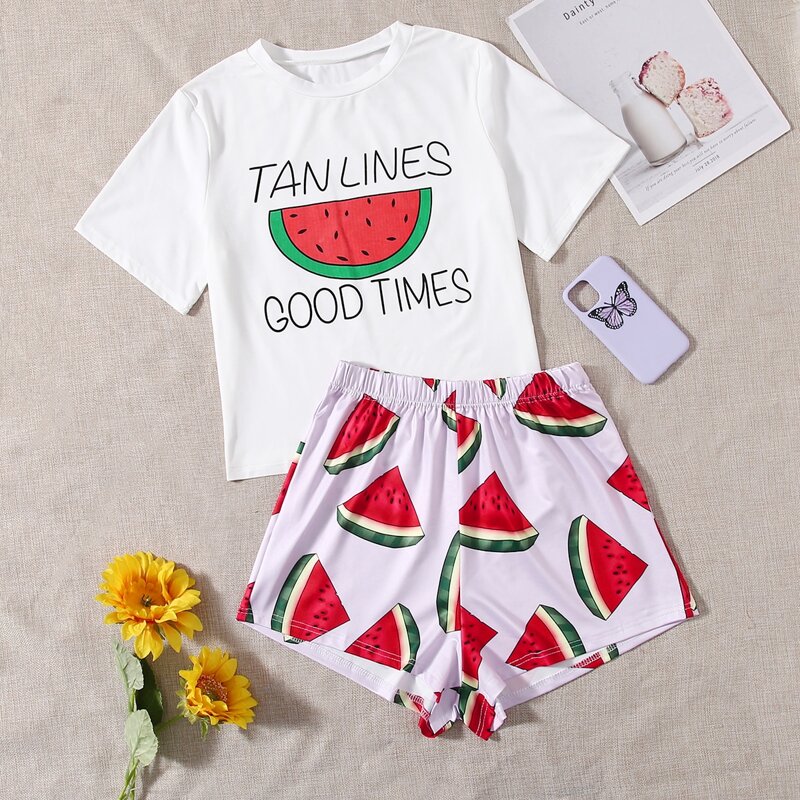 

Watermelon And Slogan Graphic Pajama Set, Multicolor