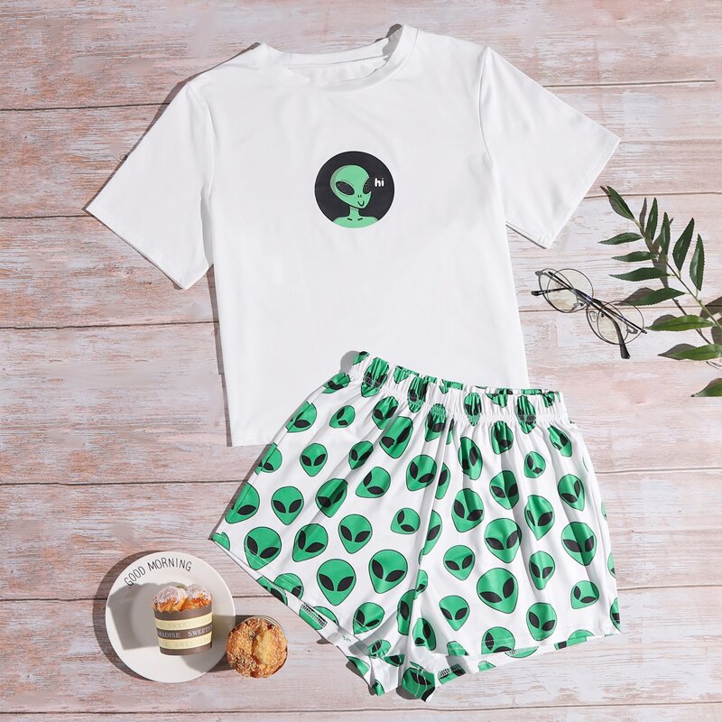 

Alien & Letter Print PJ Set, Multicolor