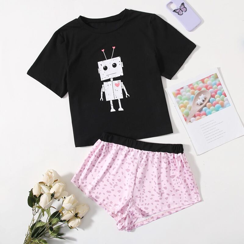 

Cartoon And Heart Print Pajama Set, Multicolor