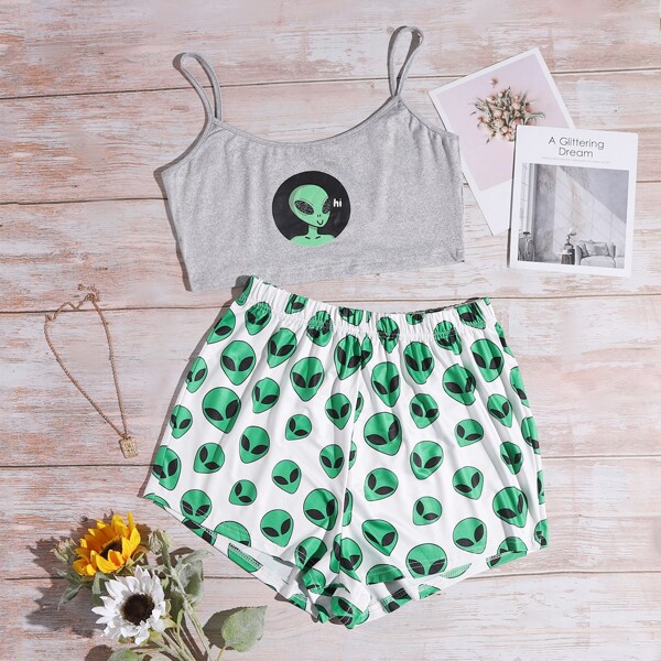 

Alien And Letter Graphic Cami Pajama Set, Multicolor