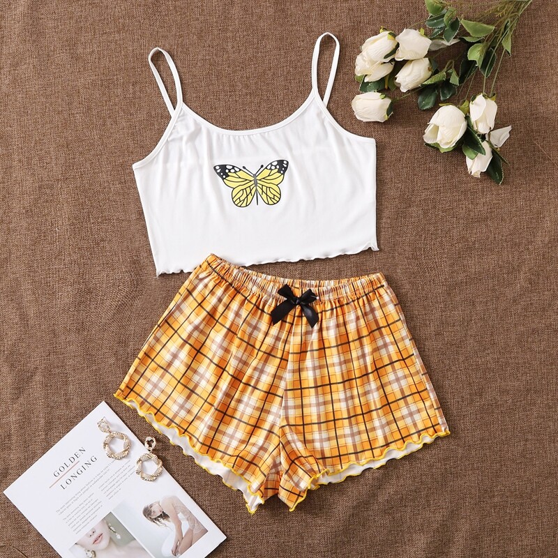 

Plaid And Butterfly Print Cami Pajama Set, Multicolor