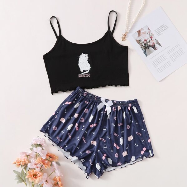 

Cartoon & Letter Graphic Bow Pajama Set, Multicolor