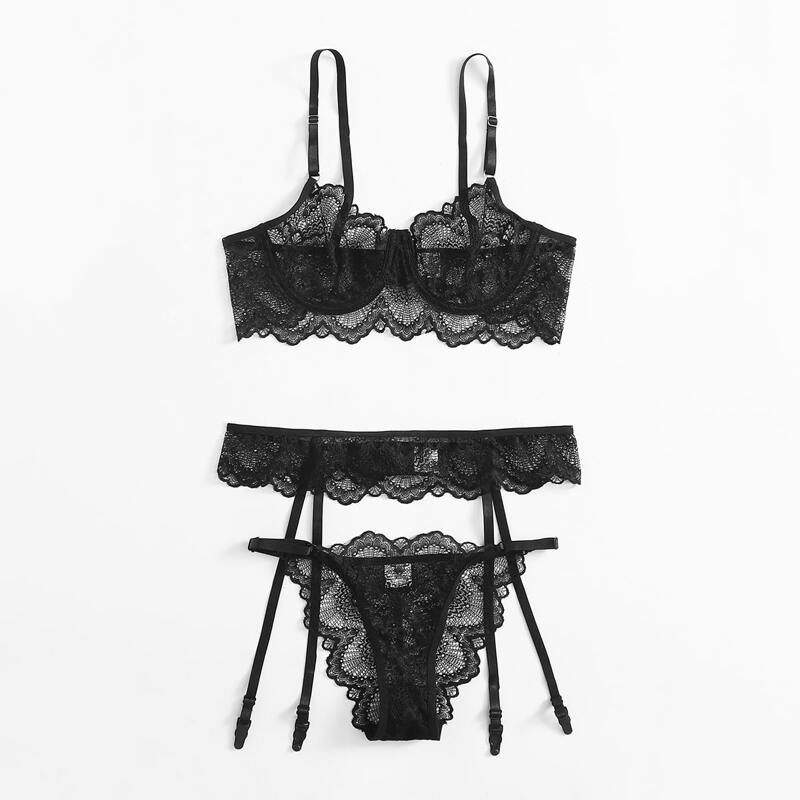 

3pack Contrast Lace Garter Lingerie Set, Black