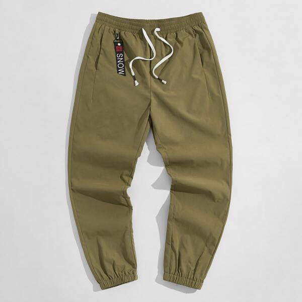 

Men Letter Tape Drawstring Waist Pants, Army green