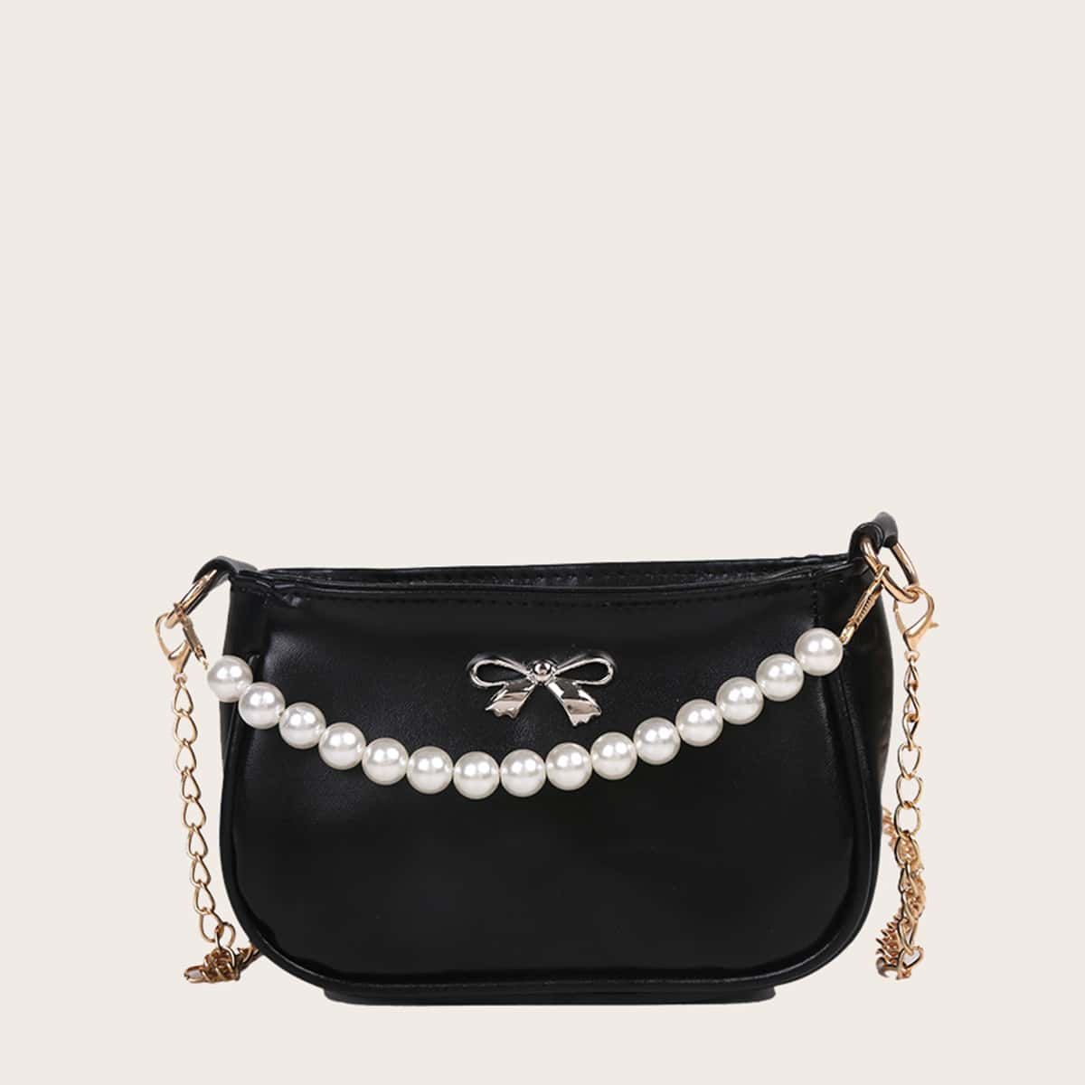 

Faux Pearl Handle Bow Satchel Bag, Black