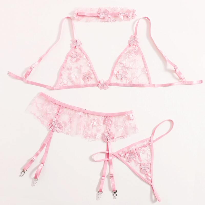 

4pack Floral Applique Garter Lingerie Set With Choker, Pink