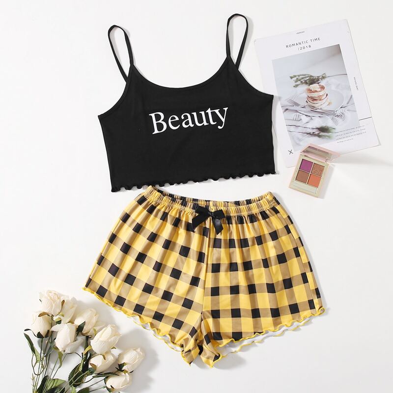 

Letter & Gingham Graphic Lettuce Trim Cami PJ Set, Multicolor