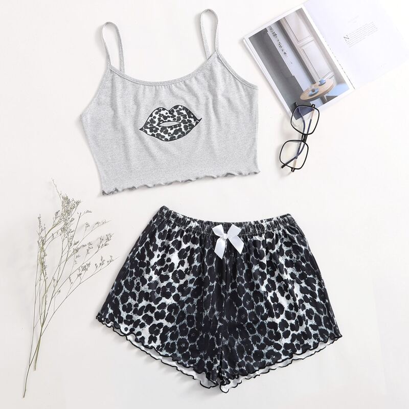 

Lip Print Bow Pajama Set, Multicolor