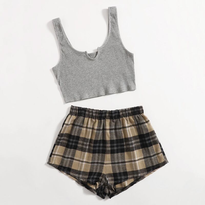

Solid Ribbed Tank Top & Plaid Shorts, Multicolor