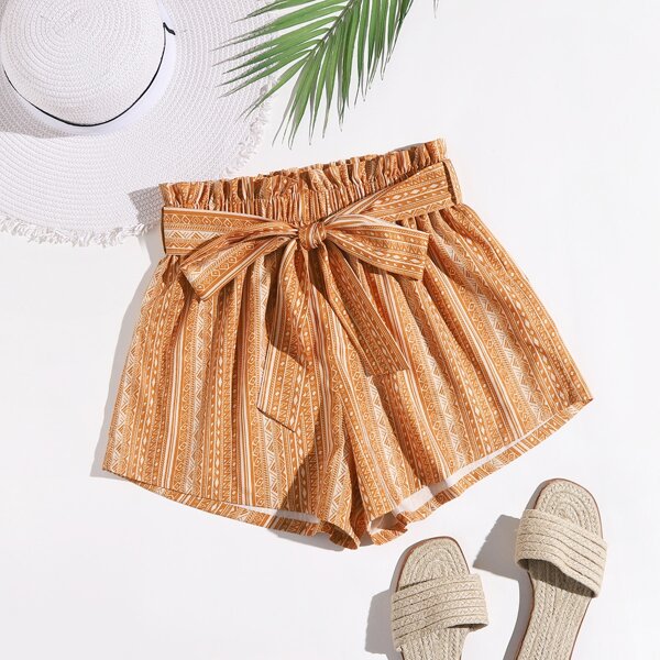 

Paperbag Waist Self Belted Shorts, Yellow