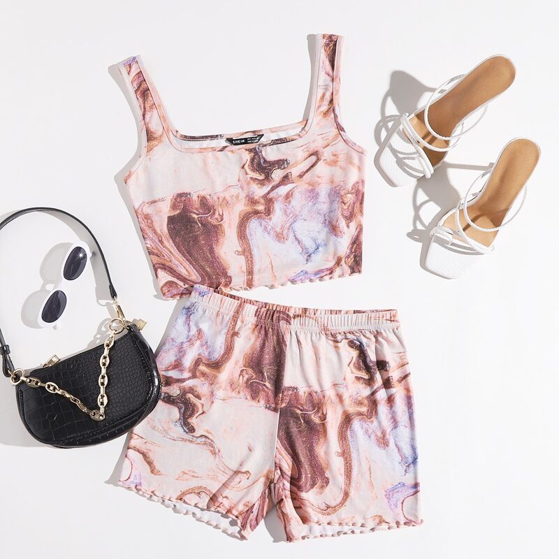 

Scoop Neck Marbled Tank Top & Biker Shorts Set, Multicolor