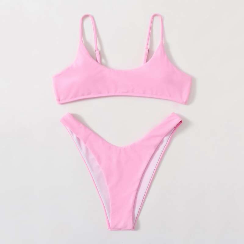 

Solid High Cut Bikini Swimsuit, Baby pink