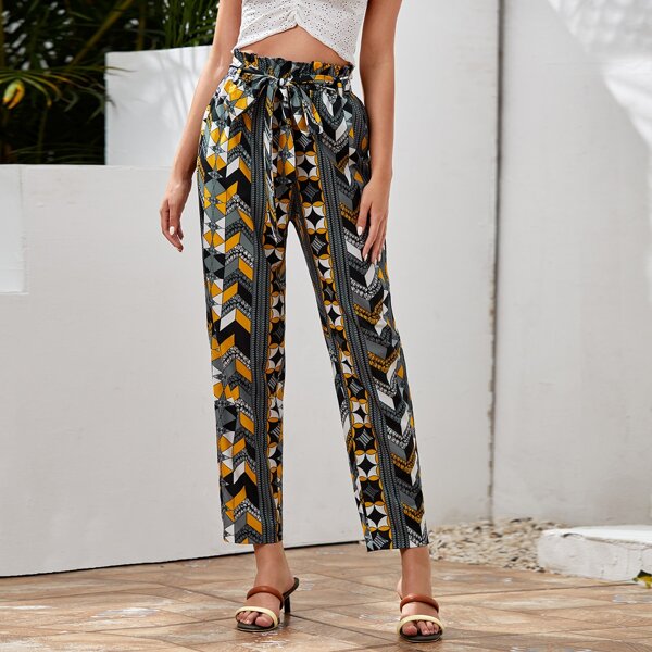 

Paperbag Waist Self Belted Pants, Multicolor