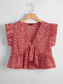 SHEIN Ruffle Trim Ditsy Floral Peplum Top - Red - View 1