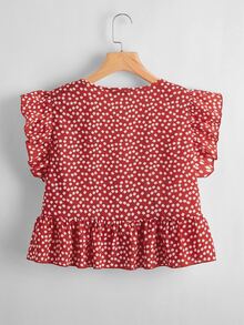 SHEIN Ruffle Trim Ditsy Floral Peplum Top - Red - View 2